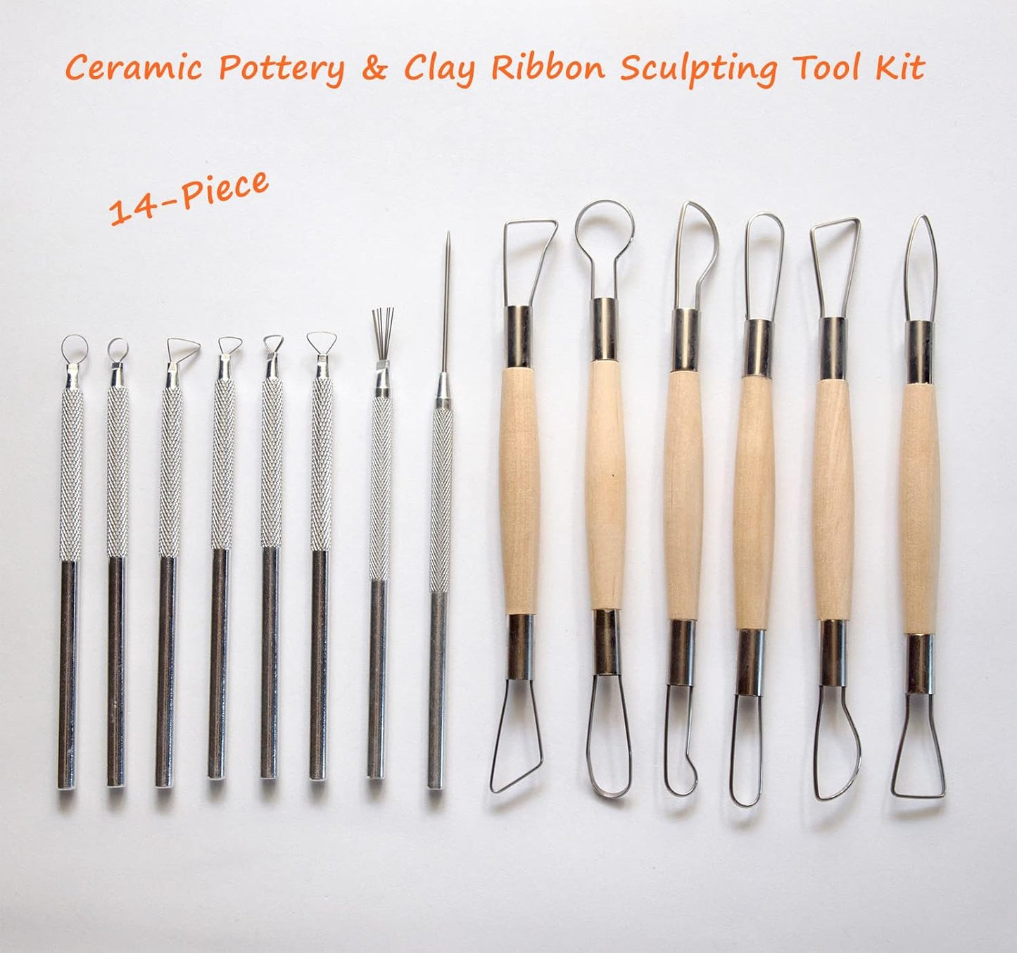 Artzuvs 14Pcs Ceramic Pottery Clay Ribbon Sculpting Tools Kit Wire Texture and Needle Detail Tool with Plastic Box for Carving, Modeling,Sculpture,Trimming