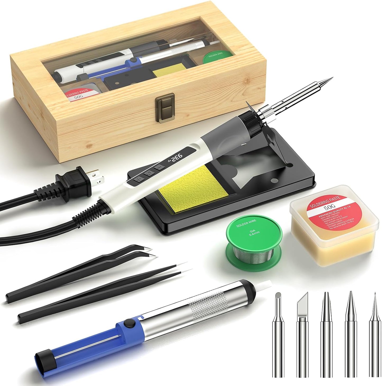 Soldering Iron Kit, 190W Soldering Gun, 110V LED Solder Kit for Electronics, Adjustable Temperature 356-932℉, Includes Solder Wire, Sucker, Tips, Stand, Tweezers, Paste and Solid Wood Box, White