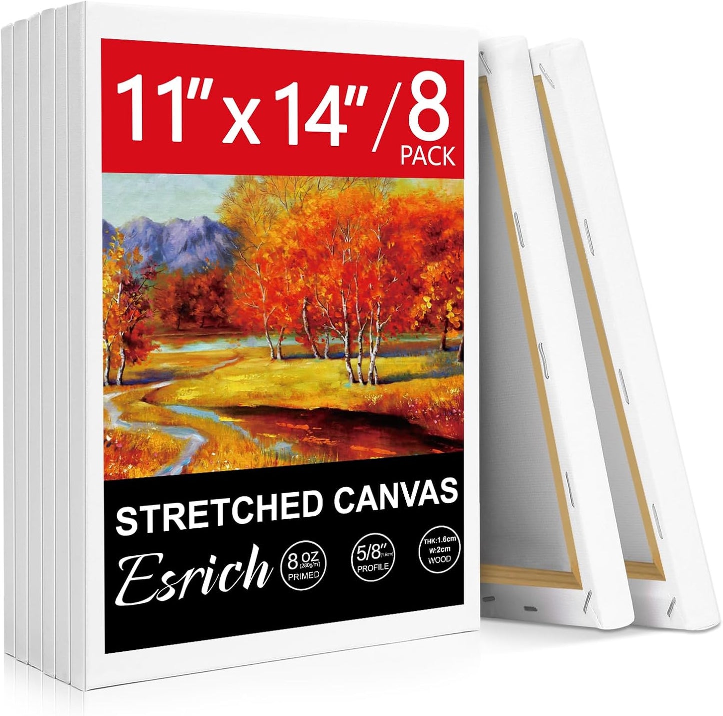 ESRICH Stretched Canvas for Painting, 8 Pack Canvases for Painting 11x14, 5/8 in Profile Primed White Painting Canvas for Oil & Acrylic Paint.