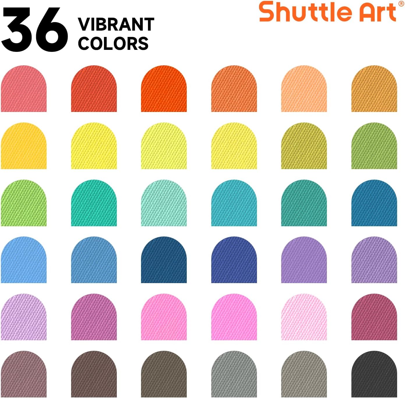 Shuttle Art 36 Colors Fabric Markers, Permanent Shirt Markers for Clothes Sneakers Jeans with 11 Stencils 1 Fabric Sheet, Fabric Pens for Kids Adult Painting Writing