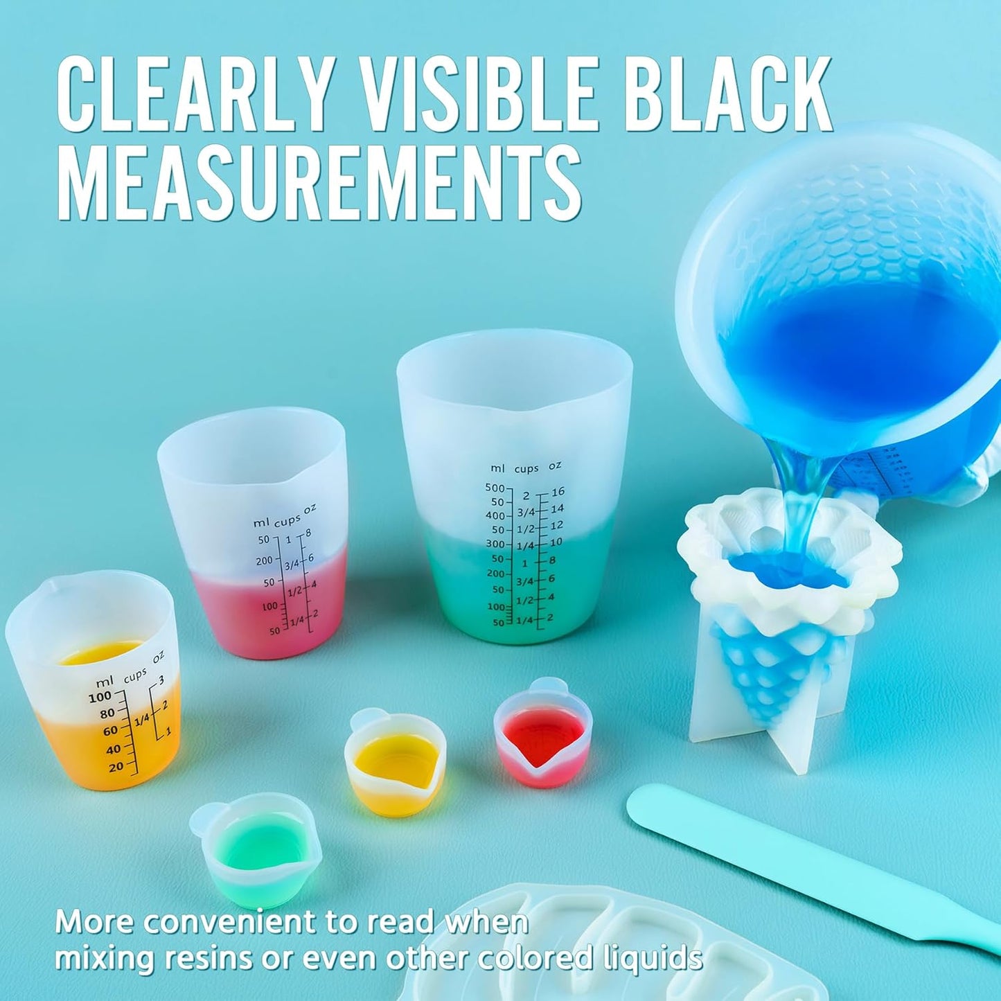 Silicone Resin Mixing 1L Measuring Cup Set for Resin Supplies, Easy-to-Read Marks, 1000ml/32oz Large Cup, 500&250&100ml Thickened Reusable Silicone Cups for Epoxy Mixing, Jewelry Making