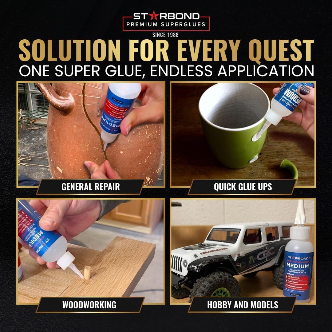 Starbond 4 oz. Medium CA Glue (Premium Cyanoacrylate Super Glue) with Extra Cap and Microtips for Quick Fixes, Woodworking, Woodturning, Hobby Models