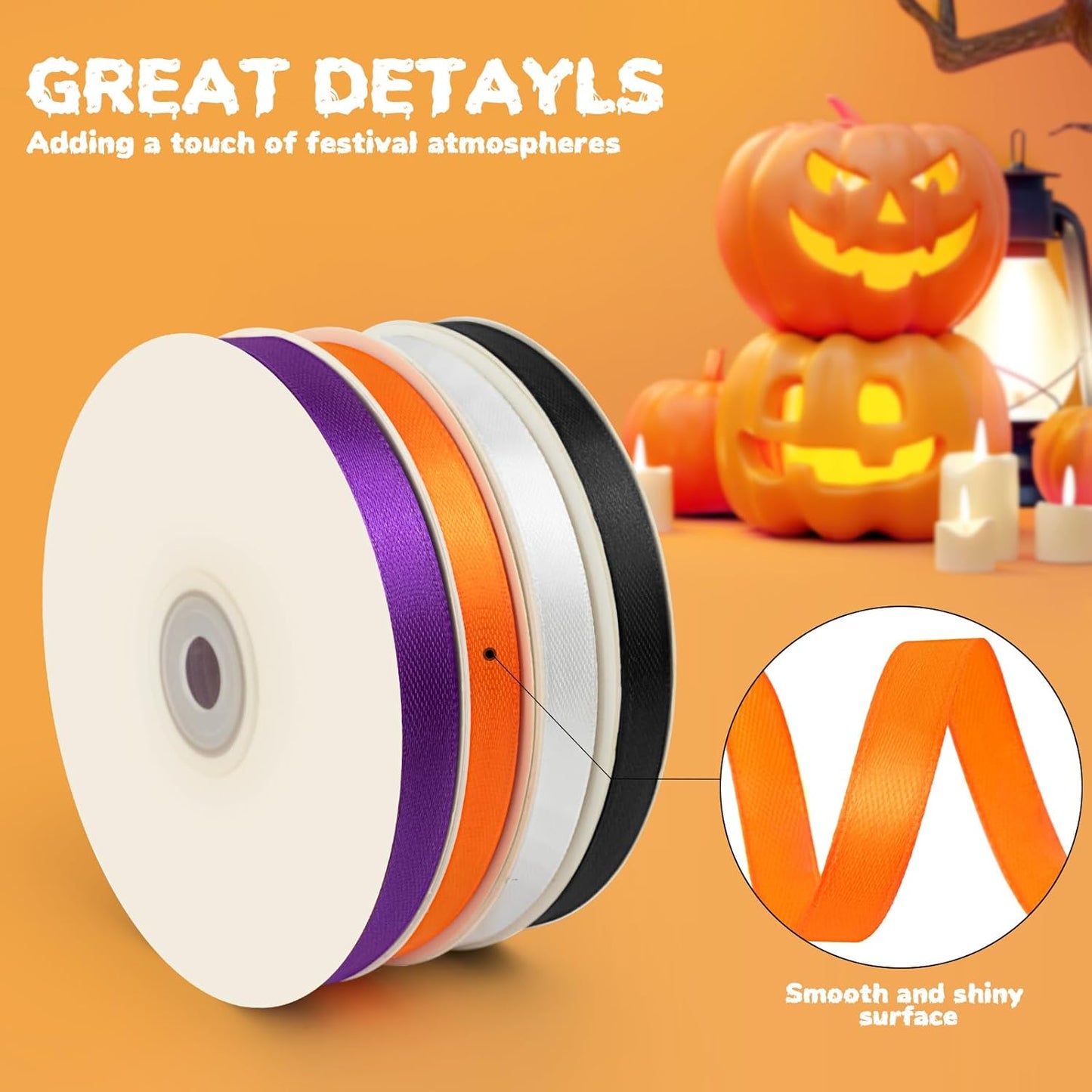 4 Rolls 200 Yards Halloween Ribbon, 3/8 Inch Polyester Satin Ribbon for Gift Wrapping, Halloween, Christmas and Birthday Party Decoration, Craft, Flower Bouquet, Sewing(Orange, Black, White, Purple)
