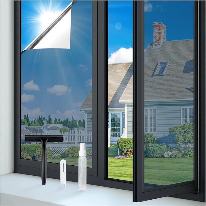 rabbitgoo One Way Window Privacy Film Tint with 3 Tools for Home, Sun Heat UV Blocking Control Reflective Adhesive Mirror Tint See Out Not in Office Door Covering, Silver, 17.5 x 78.7 inches