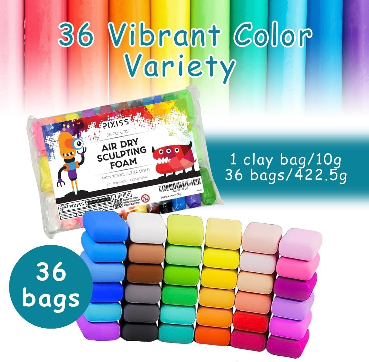 36 Color Air Dry Foam Clay for Sculpting and Cosplay Set - Ultralight, Soft, and Pliable Air Dry Modeling Clay Clay Foam - Safe and No Baking Required