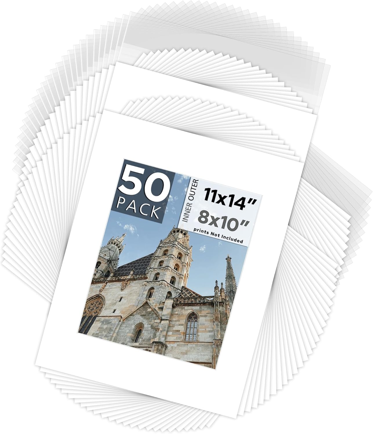 Mat Board Center, Pack of 50, 11x14 for 8x10 White Picture Mat Sets - Acid Free, 4-ply Thickness, Bevel Pre-Cut White Core - Includes Backing Boards and Clear Bags - for Pictures, Photos, Framing