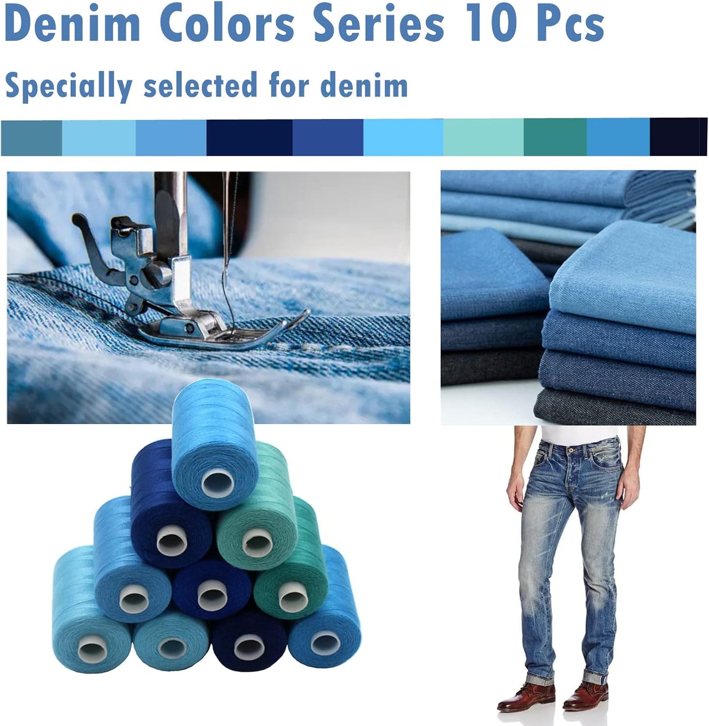 Simthread All Purpose Sewing Thread, 10 Spool Assorted Blue Series 1000 Yards Each Bobbin Polyester Thread for Sewing, Handy Polyester Sewing Threads for Sewing Machine - (Denim Color Series)