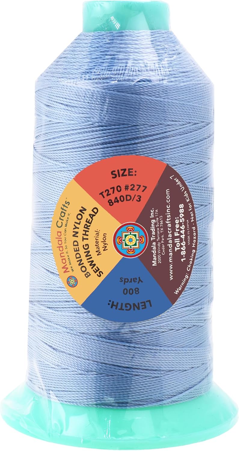 Mandala Crafts Bonded Nylon Thread Light Blue Heavy Duty Sewing Threads - 800 YDs Size 277 840D T270 Tex 270 Thread for Leather Jeans Weaving Outdoor Marine Upholstery Threads