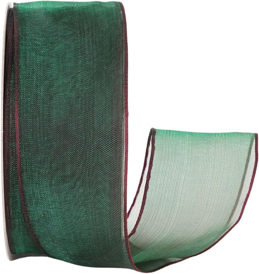 Ribbon Bazaar Sheer Organza Wired Ribbon - 100% Polyester Wire Edged Ribbon for Floral Decor, Table Arrangements, Apparel Embellishment & More - 1-1/2" Hunter (with Burgundy Edge) 25yd