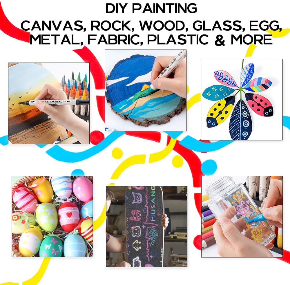 TRANSON 24 Colors Bold and Brush Dual-tip Acrylic Paint Marker Pen for Canvas Rock Wood Leather Ceramic DIY Painting