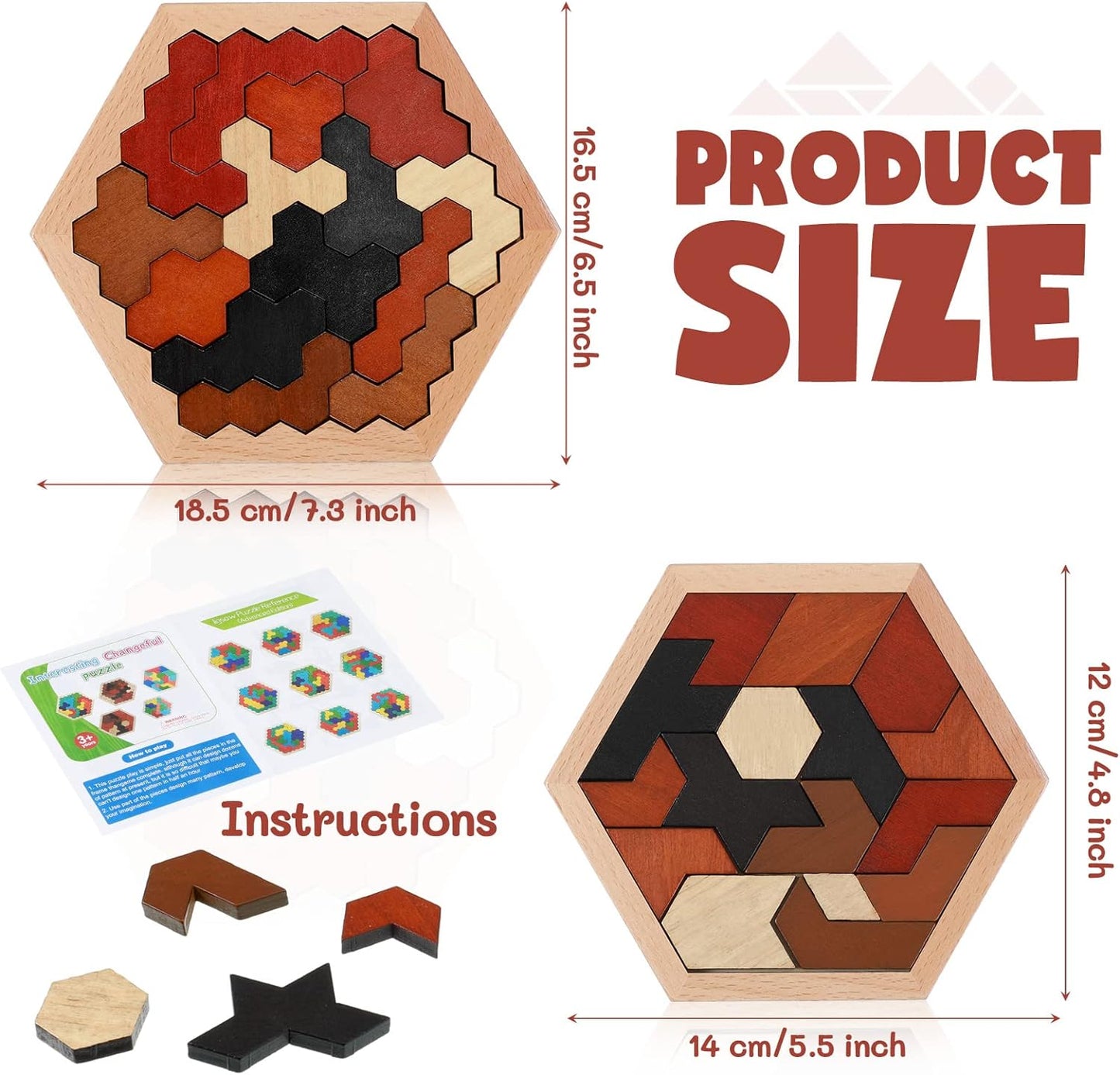 Yunsailing 3 Pack Hexagon Wooden Puzzle Wood Russian Blocks Tangram Puzzle Brain Teaser Puzzles Geometric Jigsaw Block Russian Blocks Logic IQ STEM Toy for All Ages Kid Adult(Vintage)