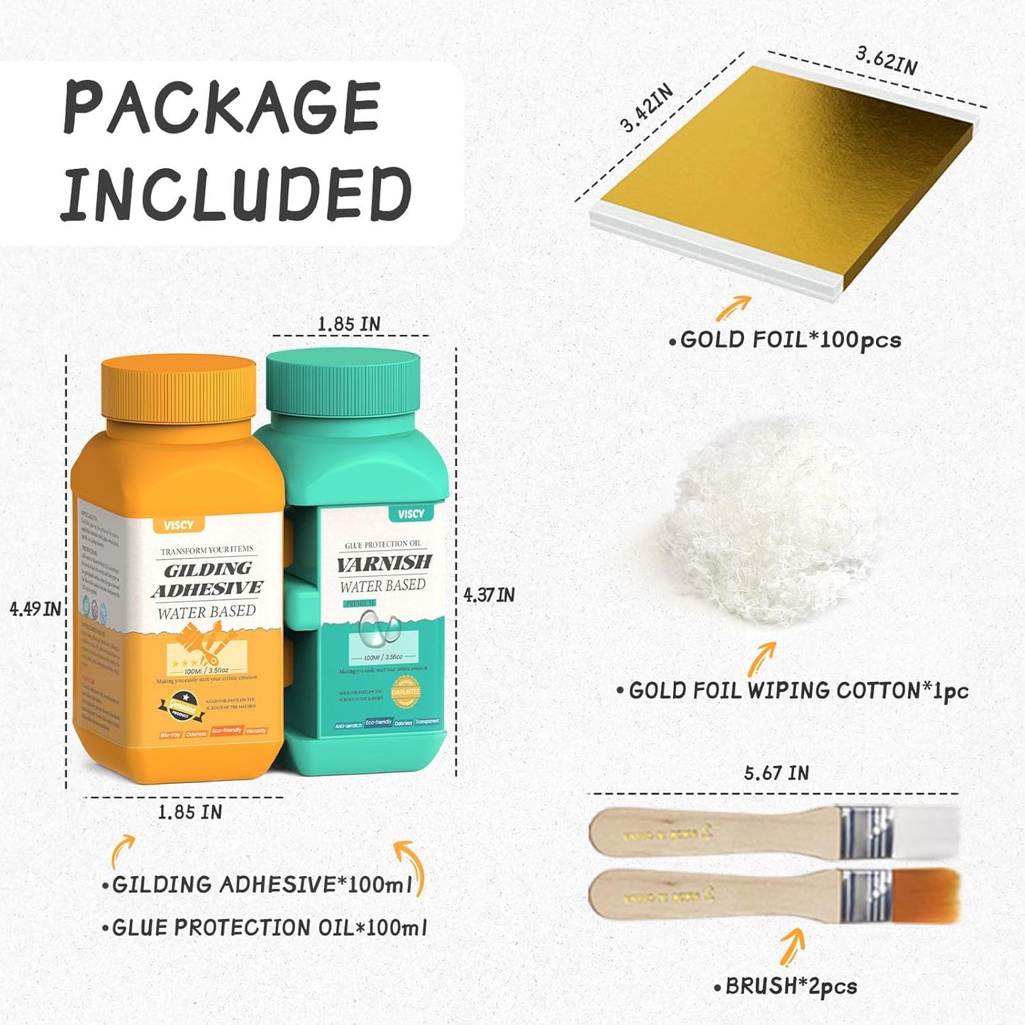 Gold Leaf Adhesive, Gilding Adhesive Set with 100ml Water Based Metal Leaf Glue and 100ml Varnish, 100 pcs Foil, 2 Brushes, Foil Wiping Cotton, for Arts, Crafts and Painting.