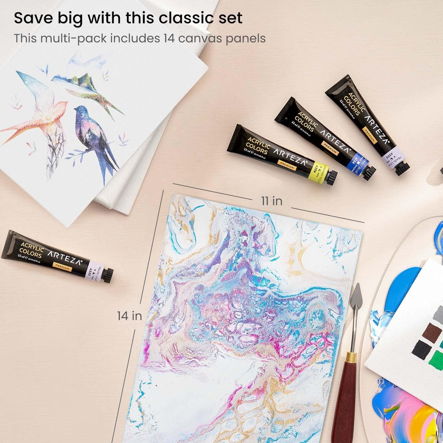 ARTEZA Canvas Boards for Painting, 11 x 14 Inches, Pack of 14, Blank White Canvas Panels for Acrylic, Oil, Gouache & Tempera Painting