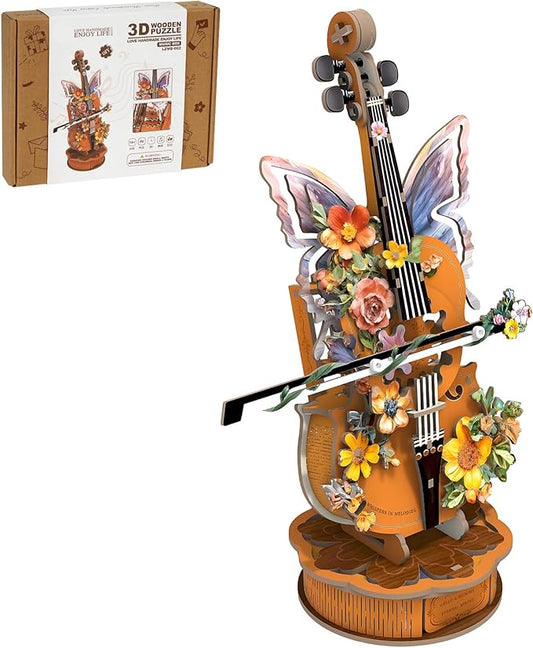 3D Wooden Puzzles for Adults, DIY Cello Model Kit with Base, 80pcs Wooden Music Box Desk Birthday Hobbies Craft for Women Men Home Decor