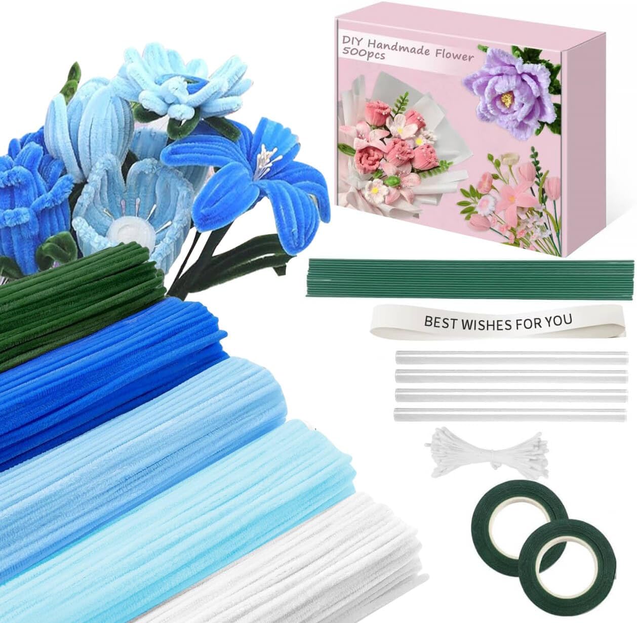 500 Pcs Pipe Cleaners Craft，5 Colors Pipe Cleaners Bulk,Chenille Stems Flowers Craft kit for DIY Handmade Bouquet Wrapping Party Decorations whit Ribbons，Stems,Tape，Stamens, Glue Sticks (Blue)