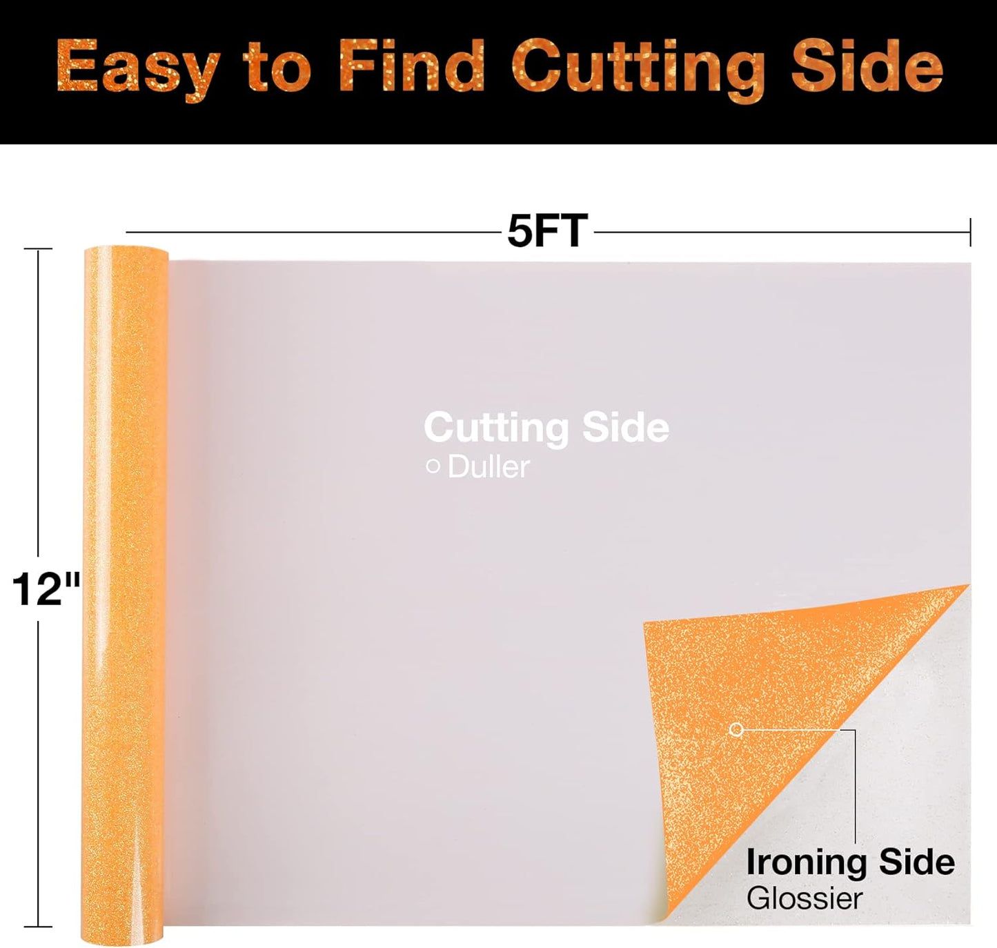 TORC Orange Glitter HTV Heat Transfer Vinyl Roll 12 inch x 10 ft (12 in x 5 ft per Roll) Iron on Vinyl for T Shirts Crafts