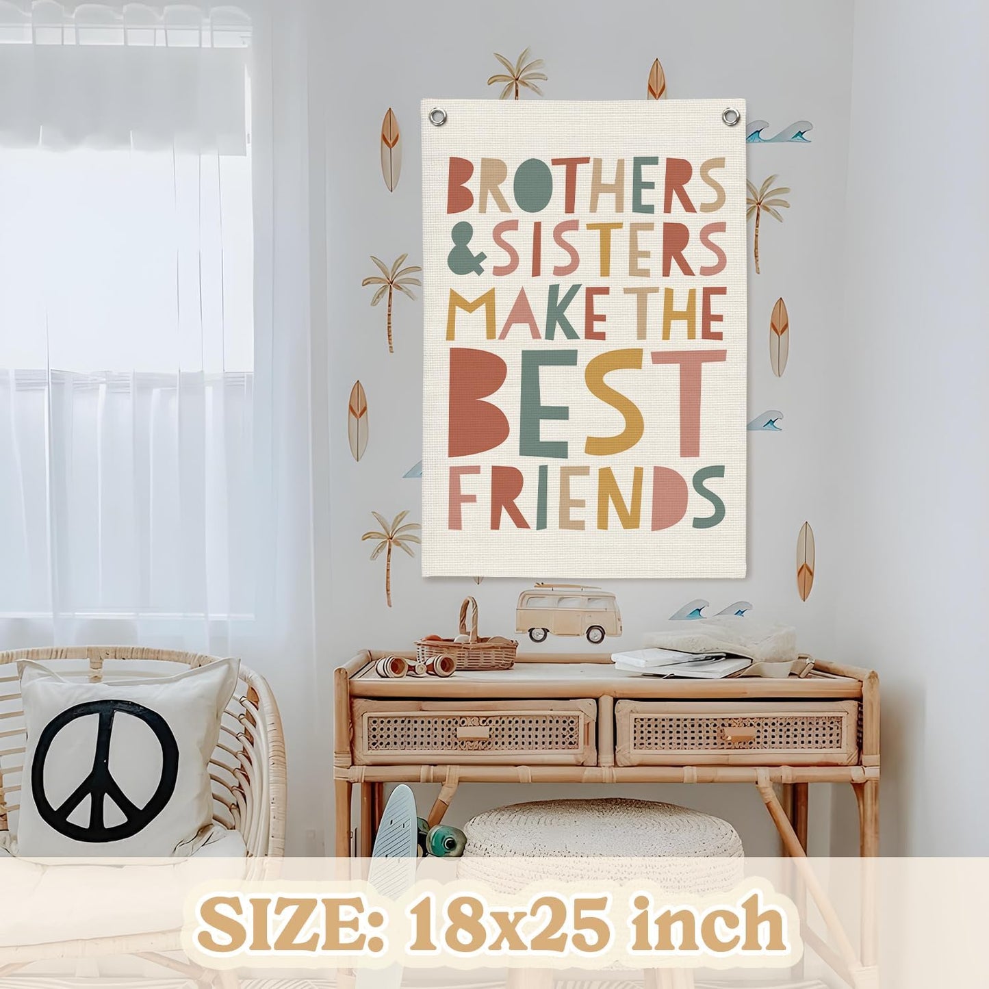 Kids Room Decor Linen Canvas Banner,Brothers & Sisters Make the Best Friends Wall Hanging Pennant Flag for Nursery,Bedroom,Playroom,Game Room Front Door,18x25 Inch