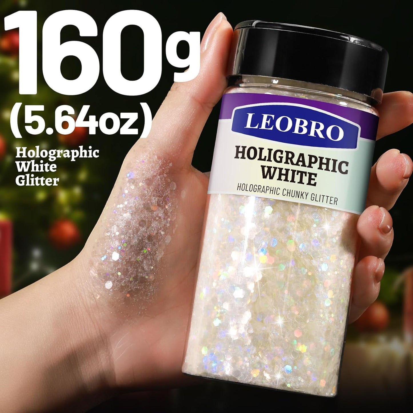 LEOBRO White Glitter, 160g/5.64oz Holographic Chunky Glitter for Crafts, Resin, Nail Body, Tumblers, Party Decorations