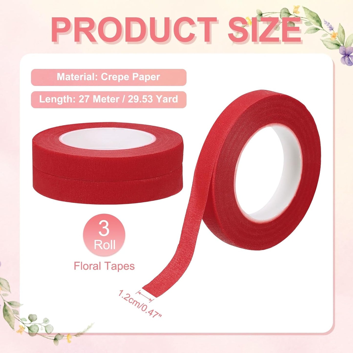 MECCANIXITY 3 Rolls Floral Tapes, 30 Yard x 1/16 in Florist Crepe Flowers Bouquets Tape Adhesive Waterproof for Flower Arranging Wrapping, Red