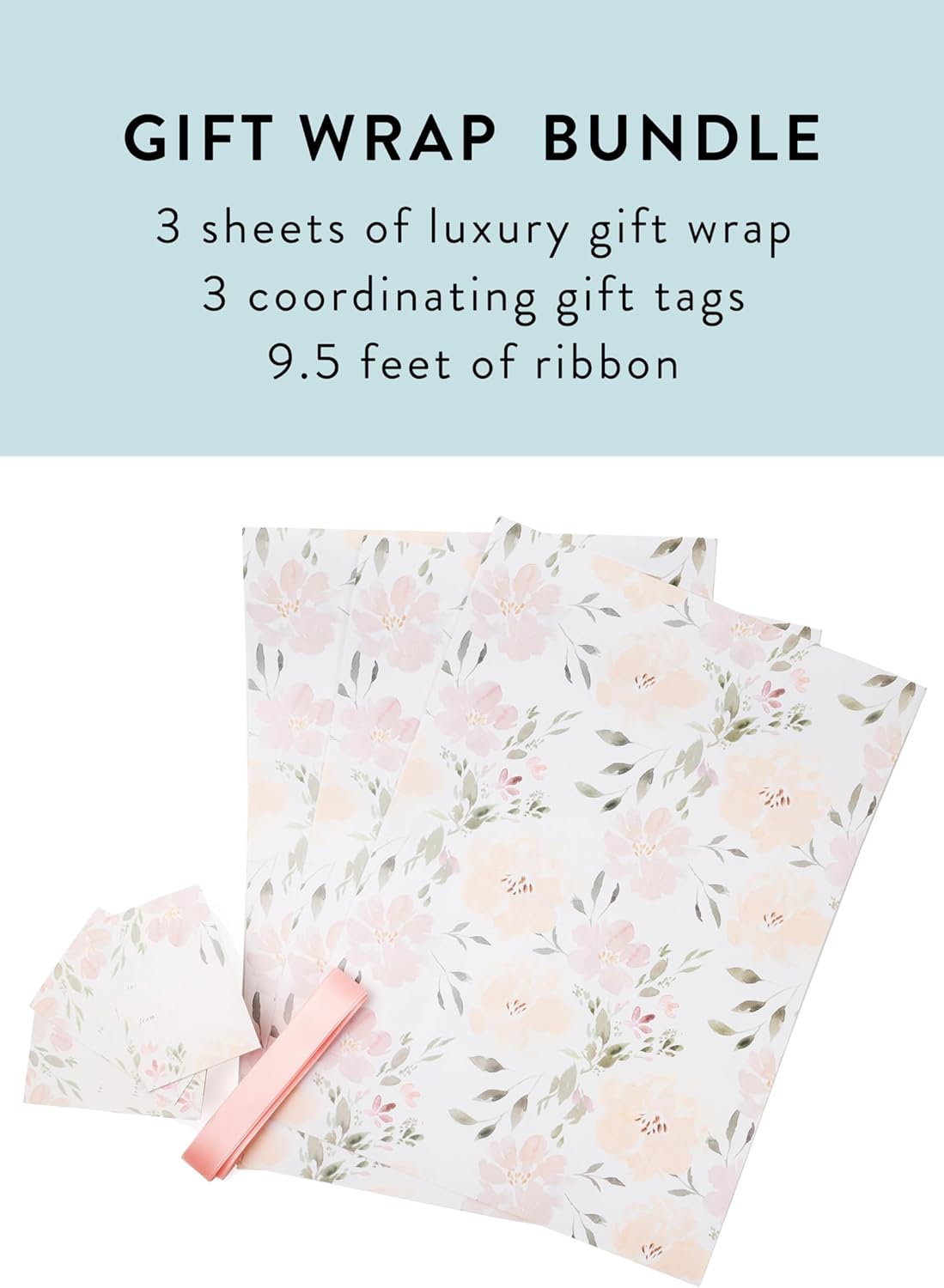 Itsy Belle Studio Floral Wedding Wrapping Paper sheets + Ribbon Set with Tags - White Gift Wrap, Pink Floral, Boho Bridal Shower