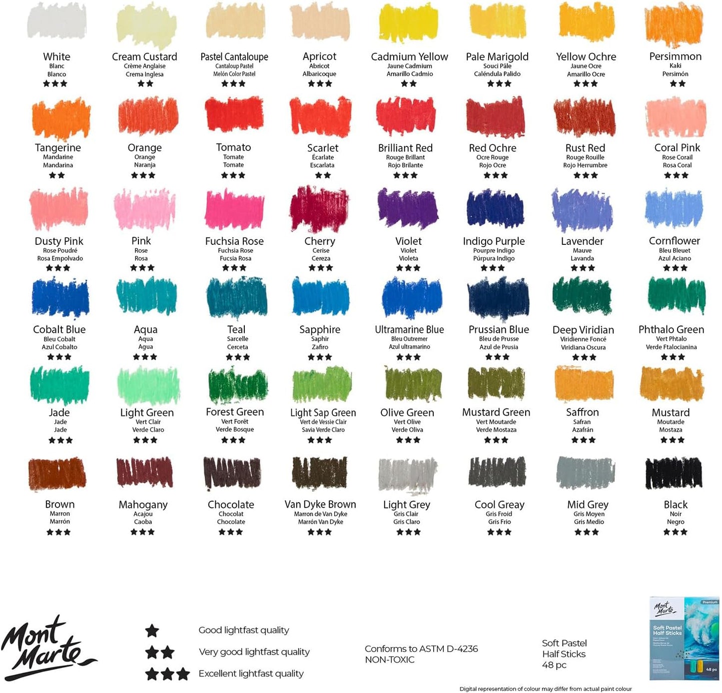 Mont Marte Soft Pastel Half Sticks 72pc, Pastels Art Supplies, Artist Quality Pastels, Extra Soft and Smooth Texture, Ideal for Professional Level Artwork