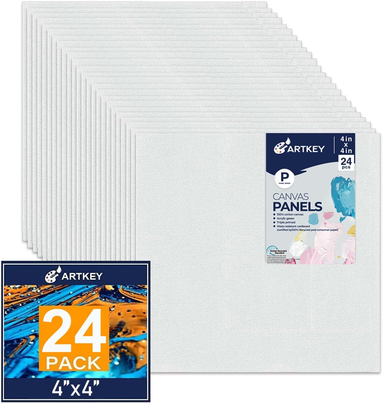 Canvas Panels 4x4 Inch 24-Pack, 10 oz Primed 100% Cotton White Blank Small Canvases for Painting, Square Flat Canvas Board for Oil Acrylics Watercolor & Tempera Paints