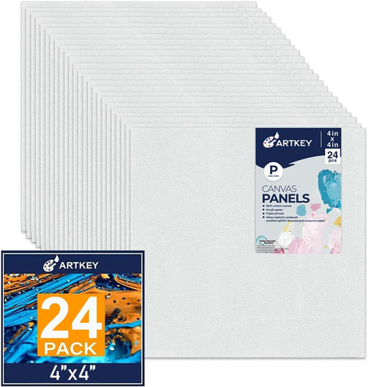 Canvas Panels 4x4 Inch 24-Pack, 10 oz Primed 100% Cotton White Blank Small Canvases for Painting, Square Flat Canvas Board for Oil Acrylics Watercolor & Tempera Paints