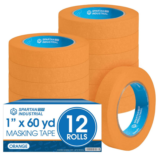 Spartan Industrial - 1" X 60 yd Orange Masking Tape - 12 Colored Tape Rolls for Bundling, Labeling, and More - No Residue, 5.5 Mil