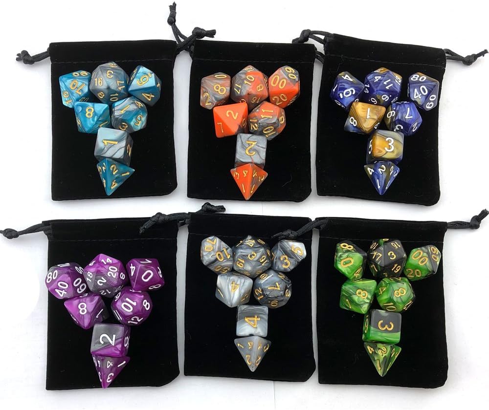 SmartDealsPro Double-Colors Polyhedral Dice Sets with Pouches for D&D DND RPG MTG Dungeon and Dragons Table Board Roll Playing Games D4 D6 D8 D10 D% D12 D20 (6-Color Sets)