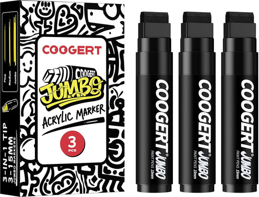 3Pcs Black Jumbo Poster Markers, 15MM Thick Permanent Acrylic Graffiti Markers, Wide Tip Paint Marker for Canvas, Posters Board, Fabric, Window, Glass, Wood, Teachers,Banner painting supplie