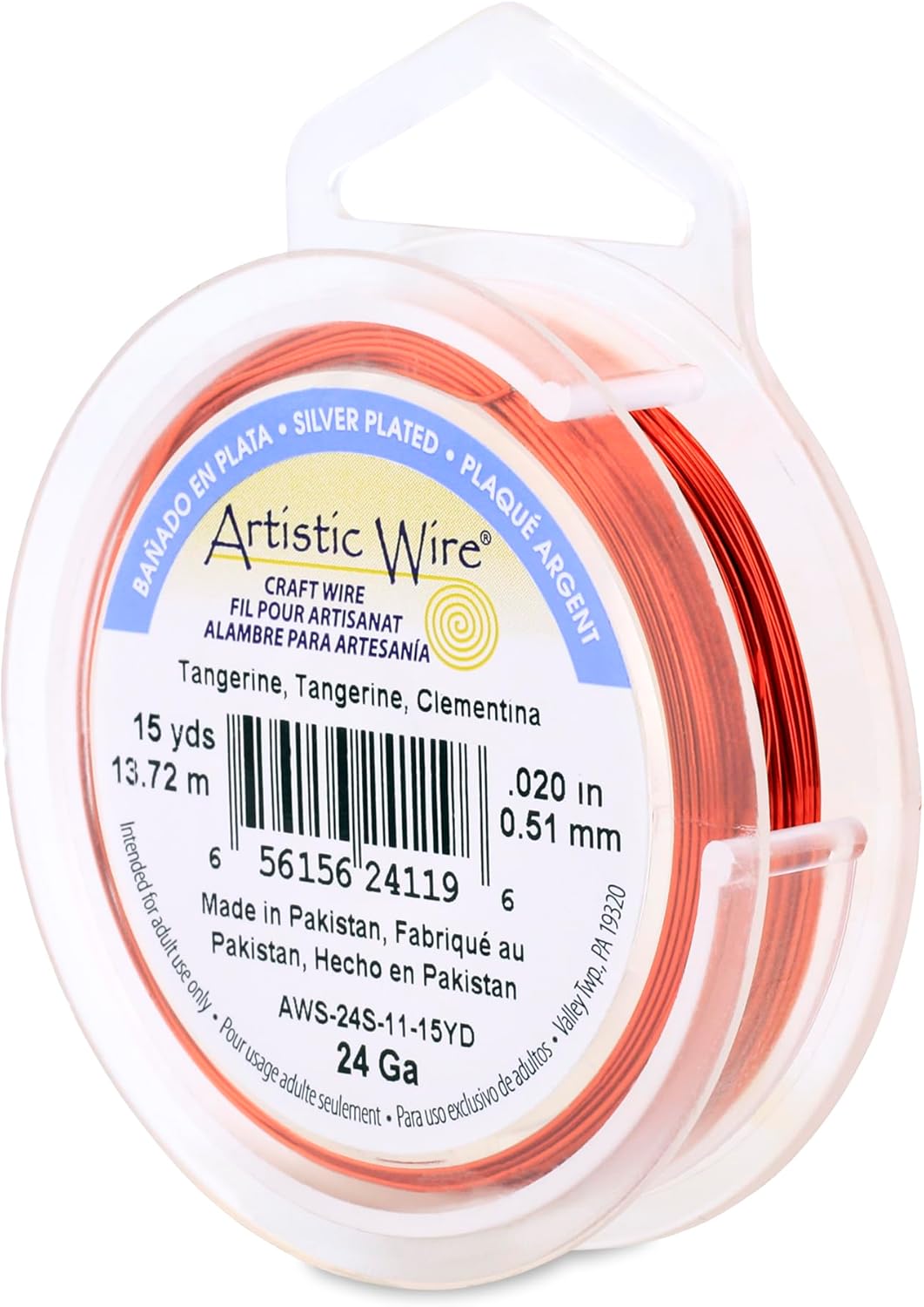 Artistic Wire, 24 Gauge Silver Plated Tarnish Resistant Colored Copper Craft Wire, Tangerine, 15 yd