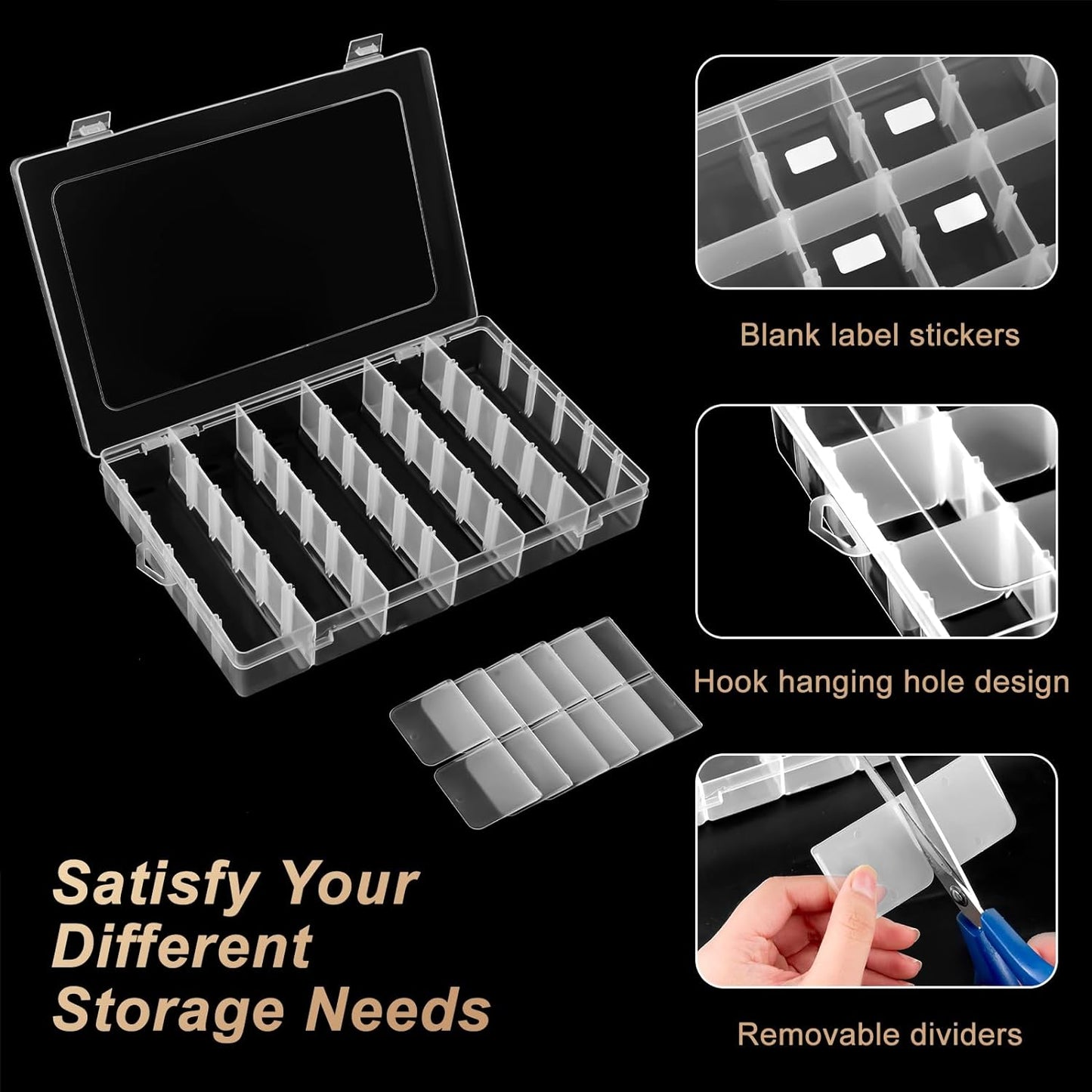 18 Grids Large Plastic Organizer Box with Adjustable Dividers, Clear Compartment Storage Container Tackle Box with Label Stickers for Beads, Crafts, Jewelries, Tools