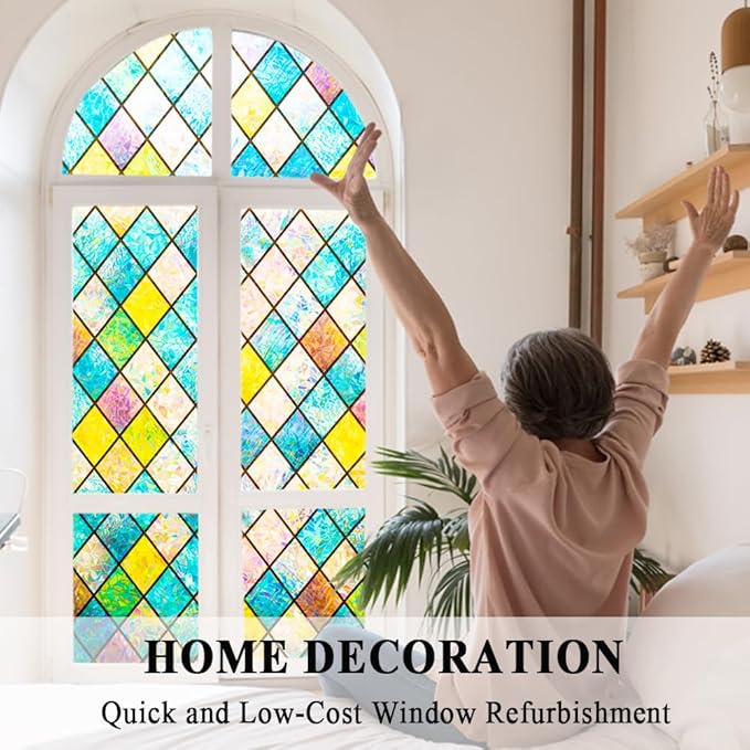 Colorful Stained Glass Window Film, Rainbow Door Privacy Films Static Cling Window Tint Decorative Window Decal Heat Cotrol Anti UV for Home and Office,17.5x78.7 in.