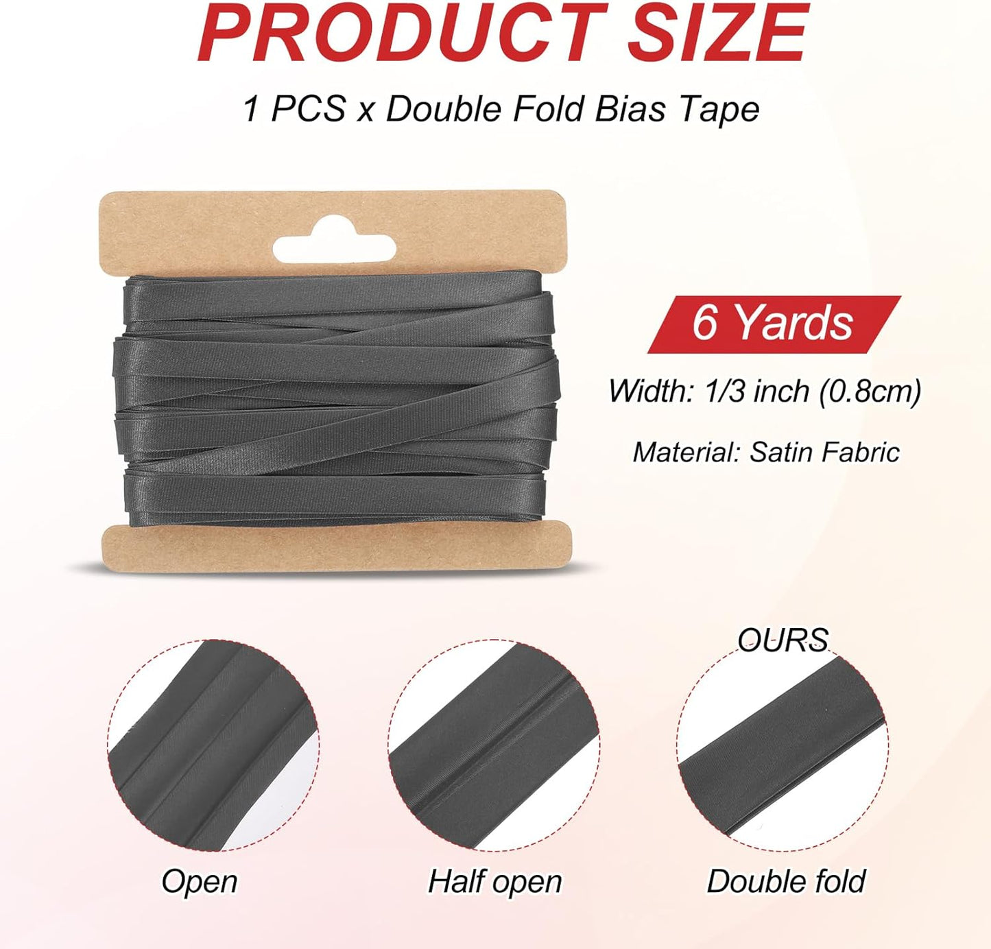 MECCANIXITY Double Fold Bias Tape for Sewing 1/3 Inch x 6 Yards Satin Pre-fold Continuous Binding Tape for Seaming Quilting Hemming Binding DIY Crafts, Dark Gray