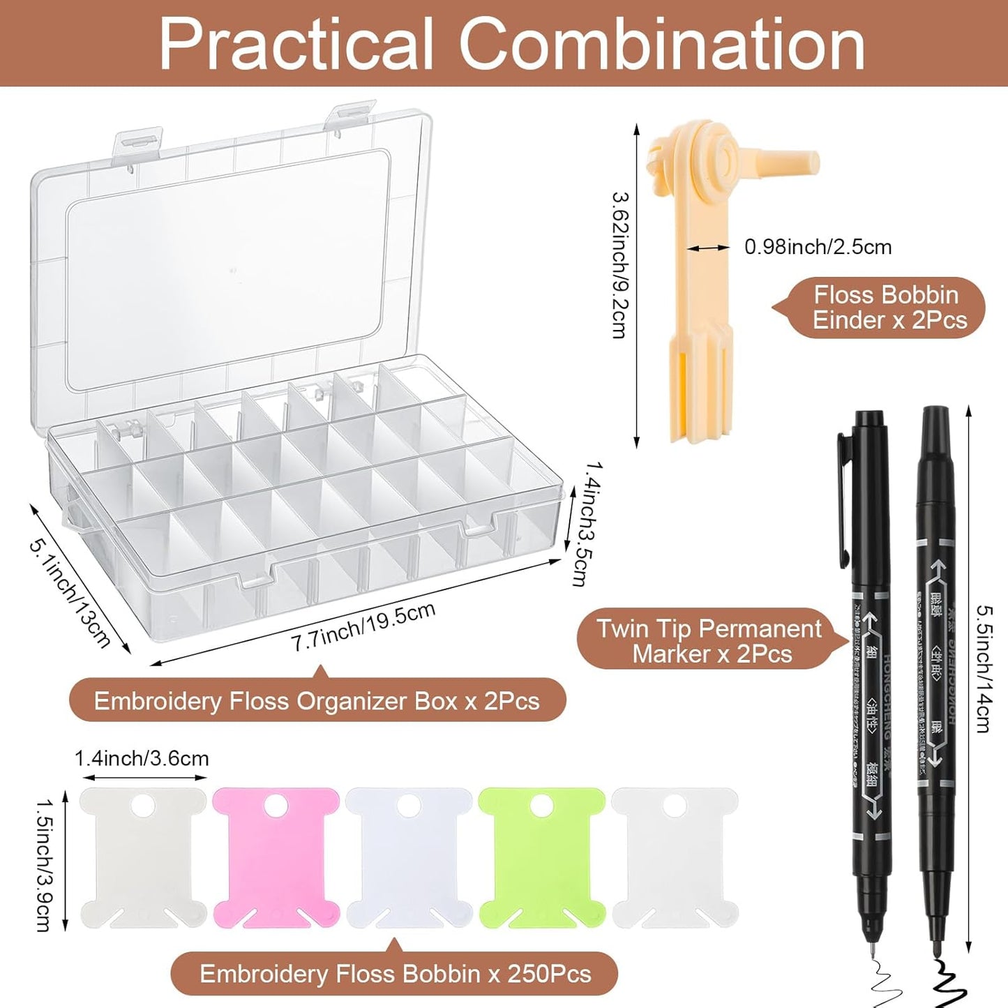 GlikCeil 256 Pcs Embroidery Floss Organizer Kit - 2 Removable 24-Grid Thread Storage Boxes with Plastic Bobbins, 2 Bobbin Winders, Twin-tip Markers for Cross Stitch, DIY Sewing, Craft Storage