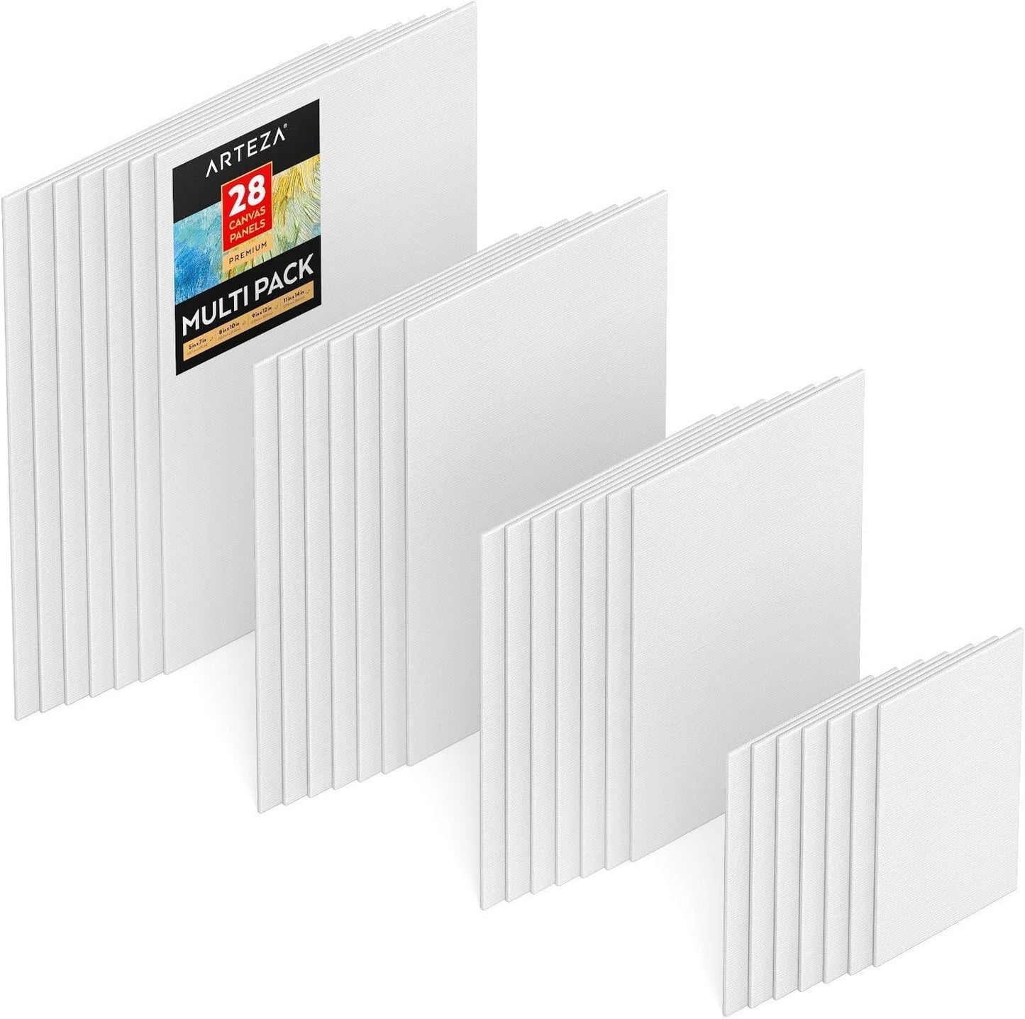 ARTEZA Premium Canvas Boards for Painting, 5 x 7, 8 x 10, 9 x 12, 11 x 14 Inches, Multipack of 28, White Canvas for Acrylic, Oil and Gouache Painting