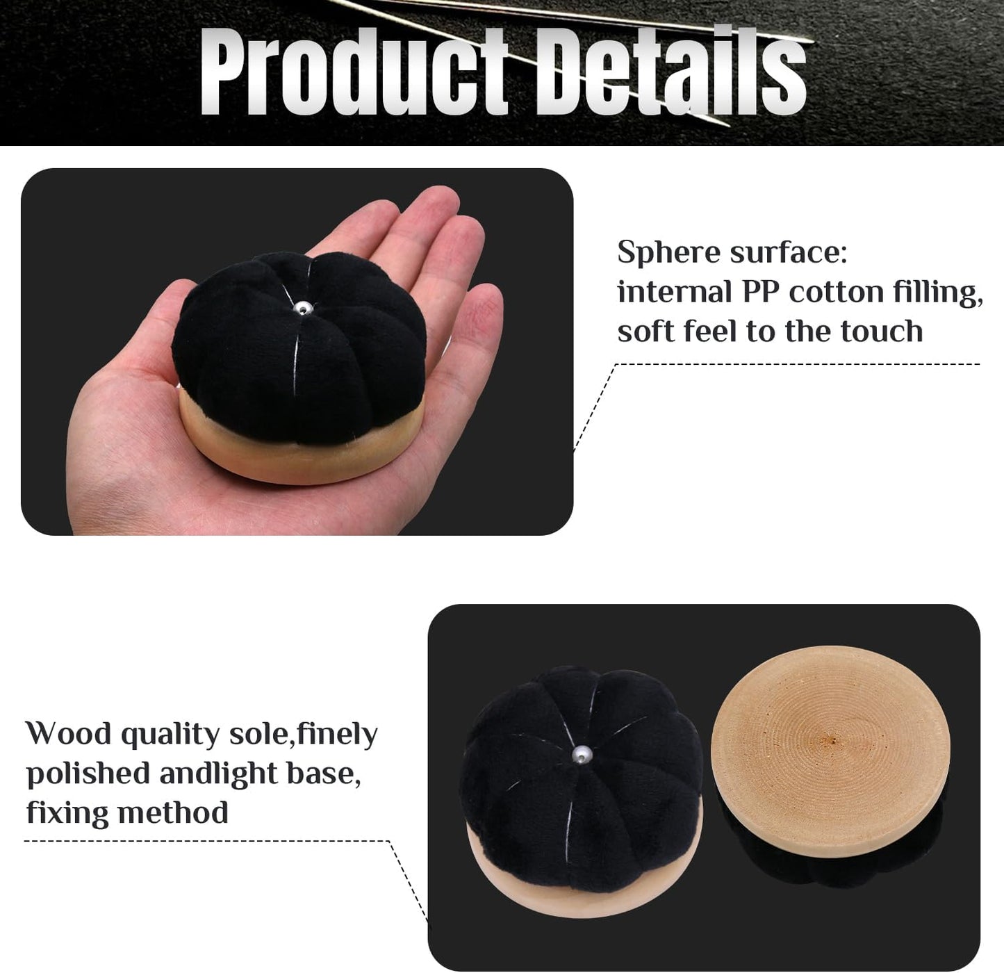 Uxney Pin Cushion,Wooden Sewing Pin Cushion Pincushion Needle Cushion for Sewing Quilting Needlework DIY Crafts(Black,2 PCS)