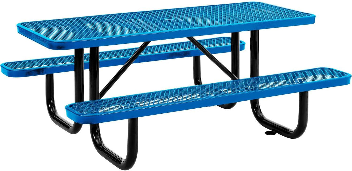 Global Industrial 6’L Rectangular Picnic Table, Expanded Metal, Blue Thermoplastic Coating, Attached Benches, 1-1/2” Umbrella Pole Hole, Outdoor-Rated, 1000 lb Capacity, 72” x 30” Tabletop