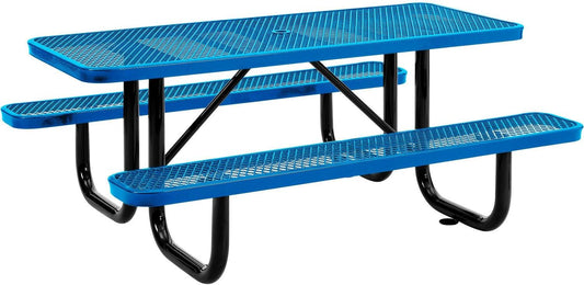 Global Industrial 6’L Rectangular Picnic Table, Expanded Metal, Blue Thermoplastic Coating, Attached Benches, 1-1/2” Umbrella Pole Hole, Outdoor-Rated, 1000 lb Capacity, 72” x 30” Tabletop