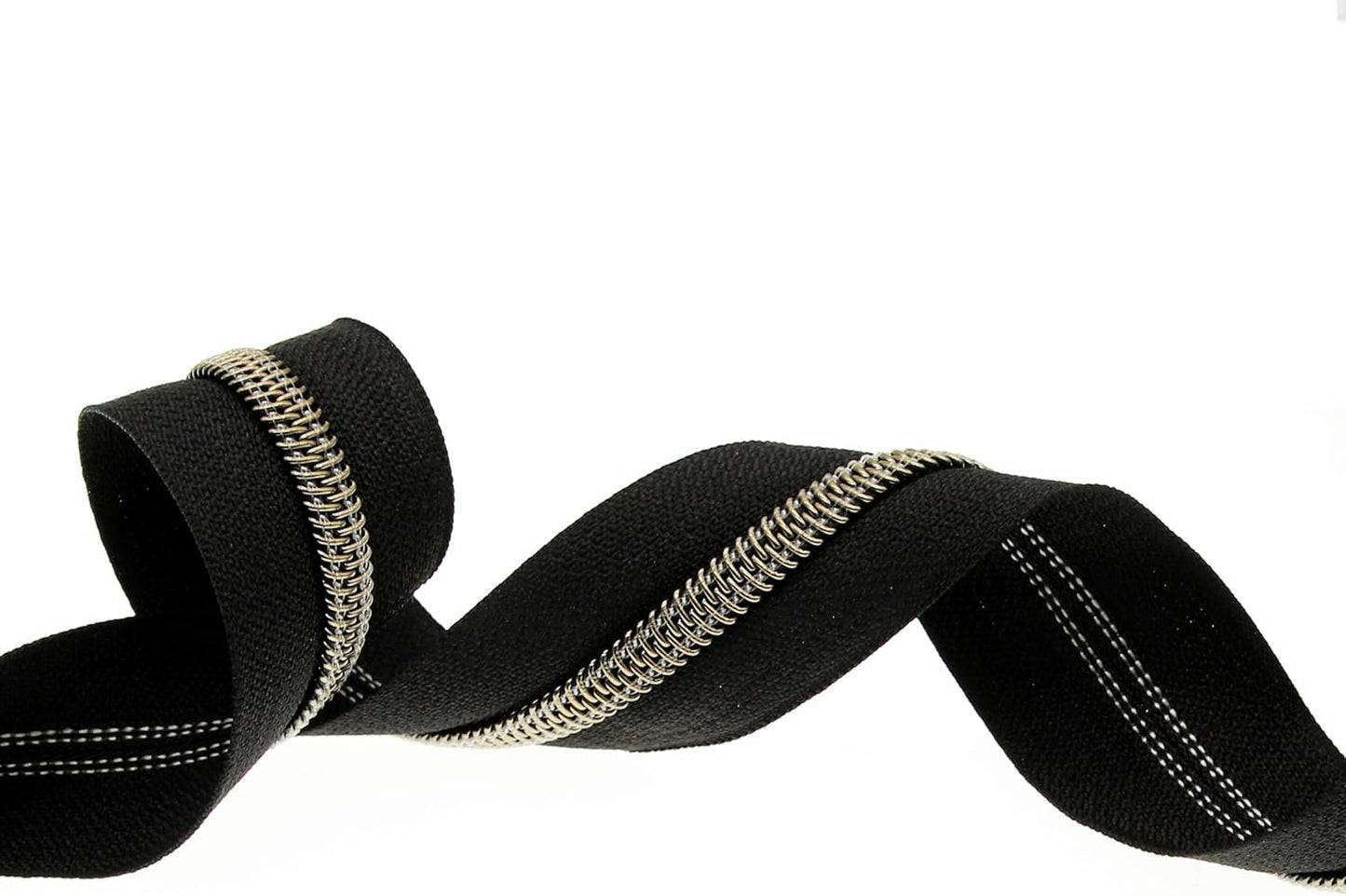 Leekayer 5# Black Nylon Zipper Tape Brass Teeth 10 Yards Continuous Zipper with 25 pcs Ring Pull Silders Bulk(Antique Brass)