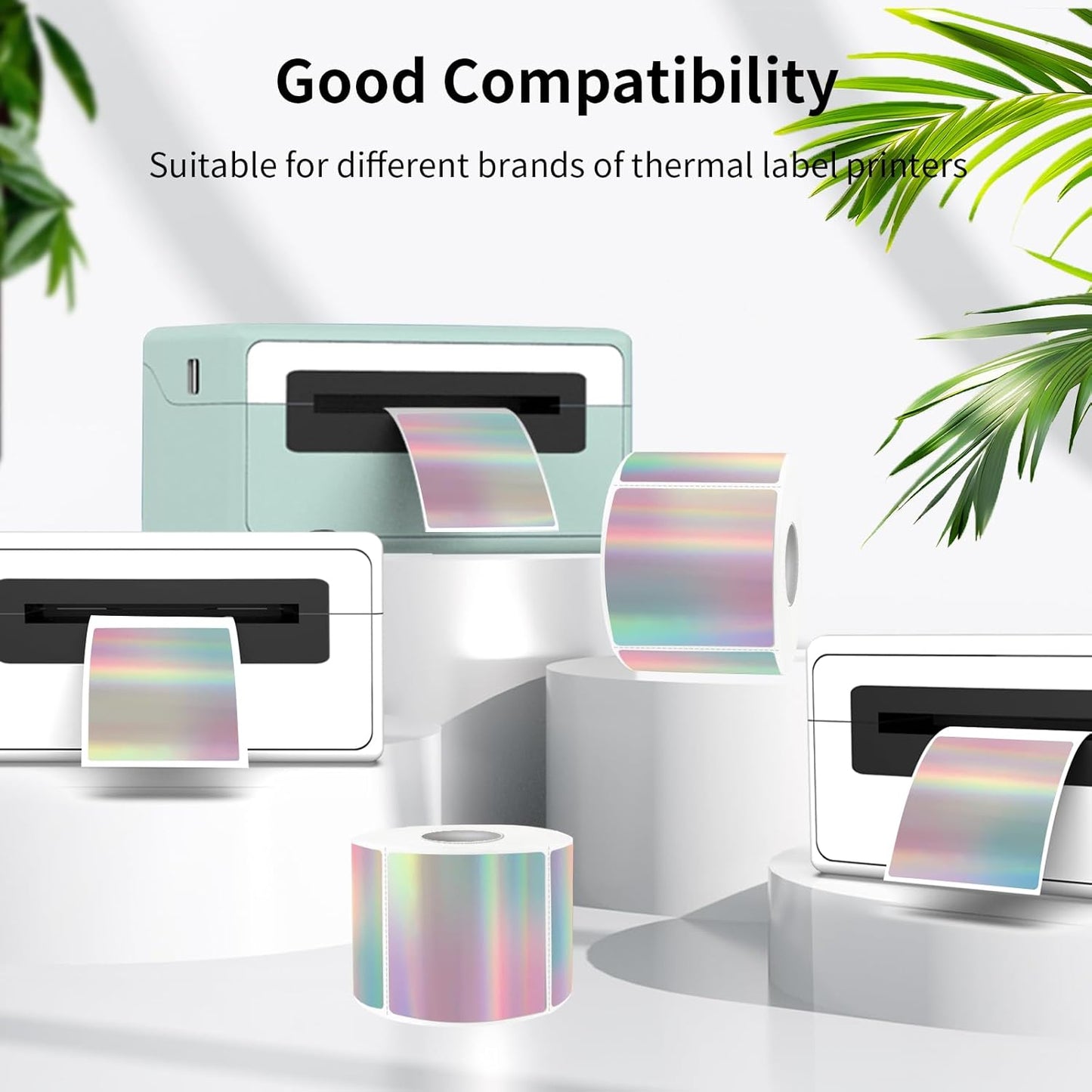 2" x 2" Square Thermal Label Stickers, Holographic Square Direct Thermal Sticker Labels, Perforation Line Design- Holographic Gradient Color