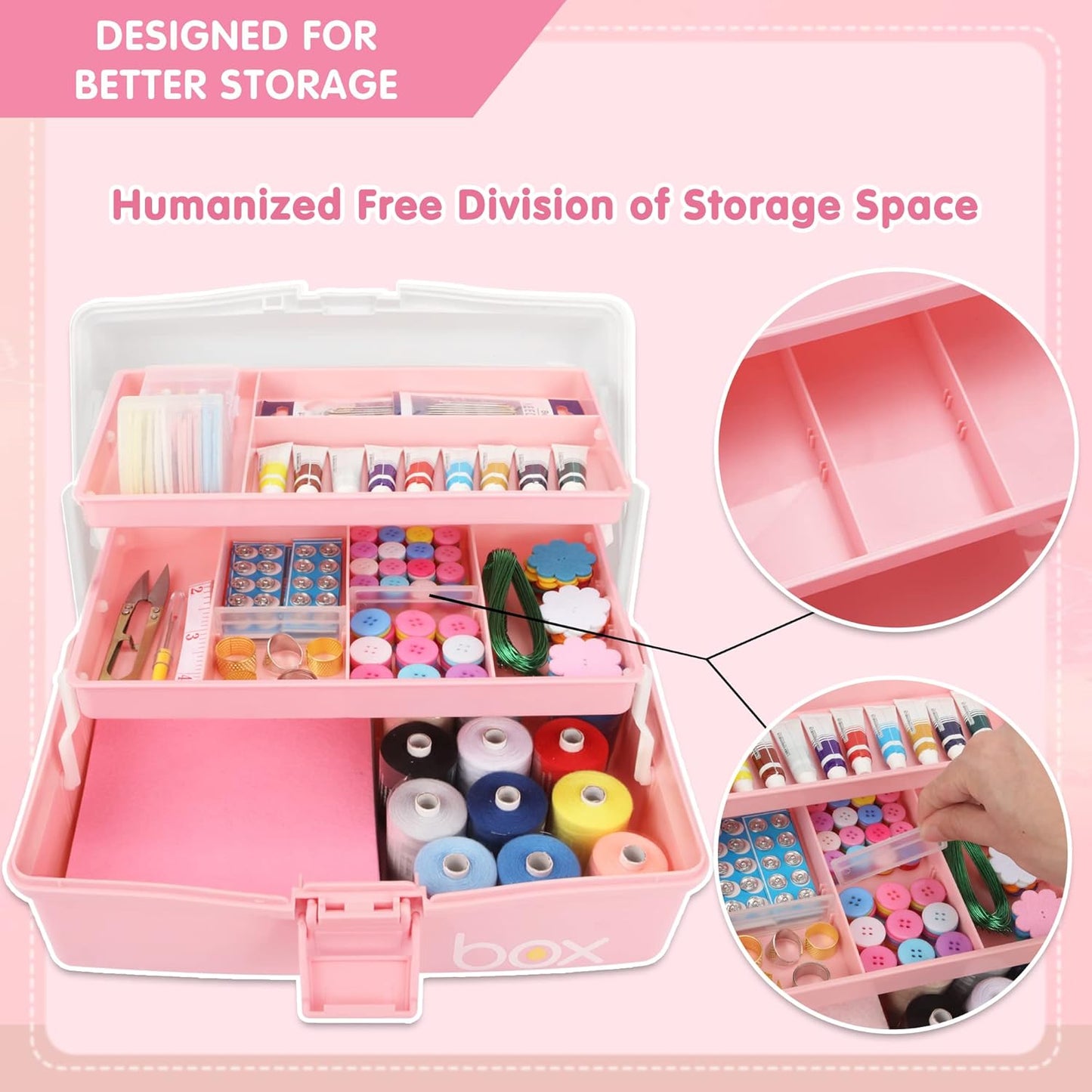 12in Three-Layer Multipurpose Storage Box Organizer Folding Tool Box/Art & Crafts Case/Sewing Supplies Organizer/Medicine Box/Family First Aid Box with 2 Trays (White Pink)