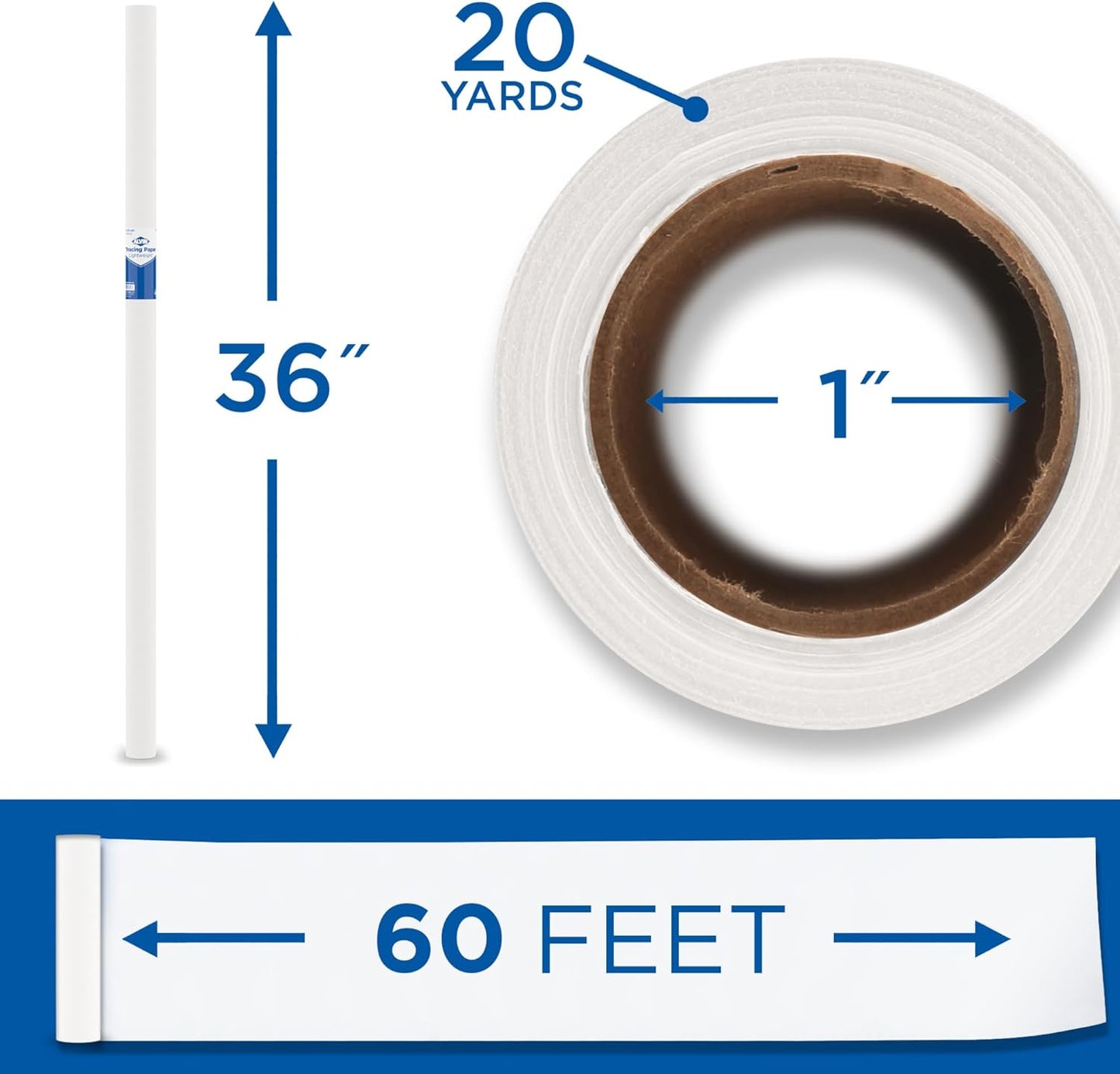 ALVIN 55W-F Lightweight Tracing Paper Roll, White, Suitable with Ink, Charcoal, Felt Tip Pen, for Sketching or Detailing - 36 Inches, 20 Yards, 1-inch Core