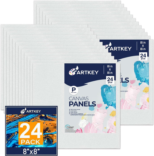 Canvas Panels 8x8 Inch 24-Pack, 10 oz Primed 100% Cotton White Blank Small Canvases for Painting, Square Flat Canvas Board for Oil Acrylics Watercolor & Tempera Paints