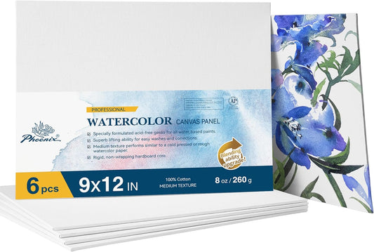 PHOENIX Watercolor Canvas Boards for Painting - 9x12 Inch/6 Pack, 100% Cotton Water Color Canvas Panels, 8 Oz. / 260g White Blank Medium Texture Flat Canvases for Water Based Paints