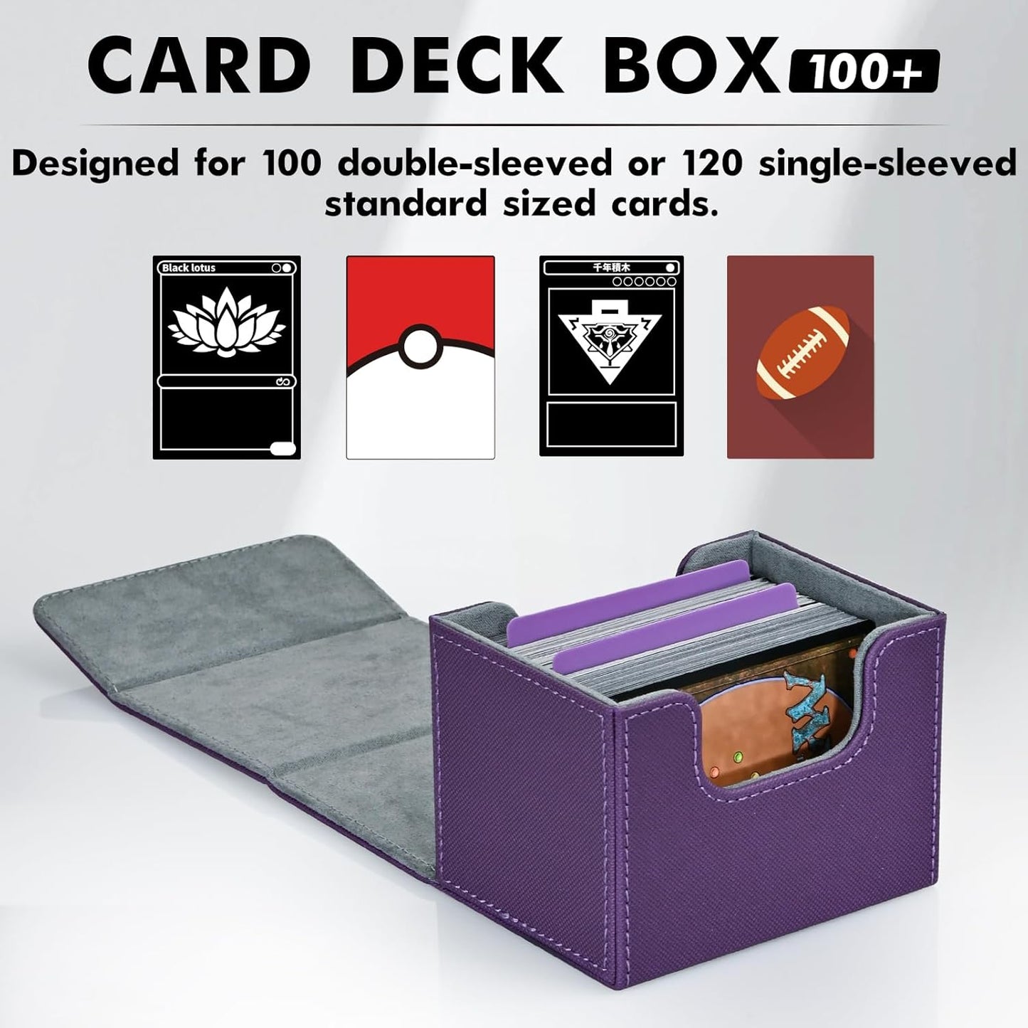 ZLCA Card Deck Box for Trading Cards, MTG Commander Deck Box Holds 120+ Single Sleeved, Leather Magnetic Card Storage Case Fits for TCG CCG Magic (Purple)
