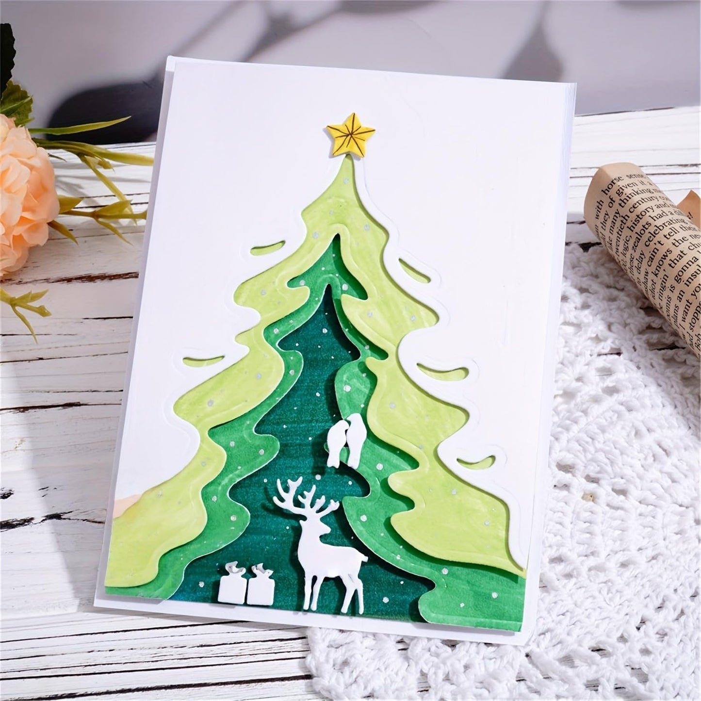Festivals Metal Cutting Die for Scrapbooking, Christmas Cut Stencils for DIY Scrapbook Photo Album Decorative Paper Card, Card Making Supplies, Embossing (Tree & Fawn 6.1 x 4.2 in)