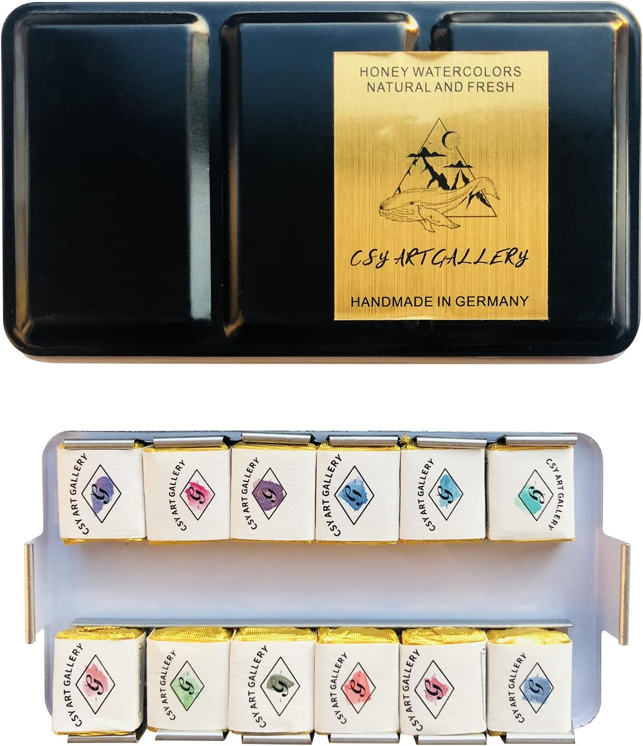 CSY art gallery Metallic Watercolor Paints Set Handmade Glitter Shimmering Double Color Water Color Solid Paint Include 12 Colors In Portable Tin Box for Artists, Professionals (Fruit Midsummer)