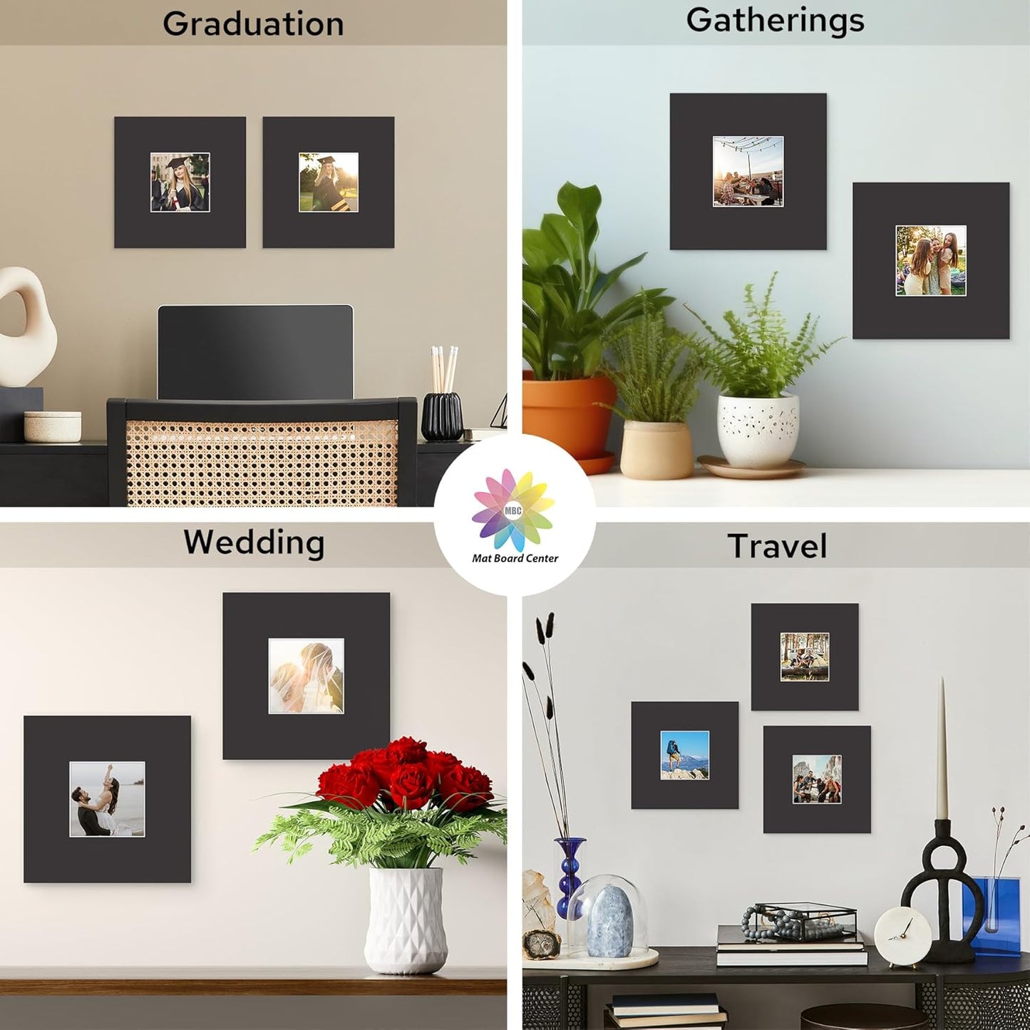 Mat Board Center, 8X8 Black Mats for 4X4 Pictures - Acid Free, 4-Ply Thickness, White Core, Bevel Cut - for Artworks, Photos, Framing - Pack of 12
