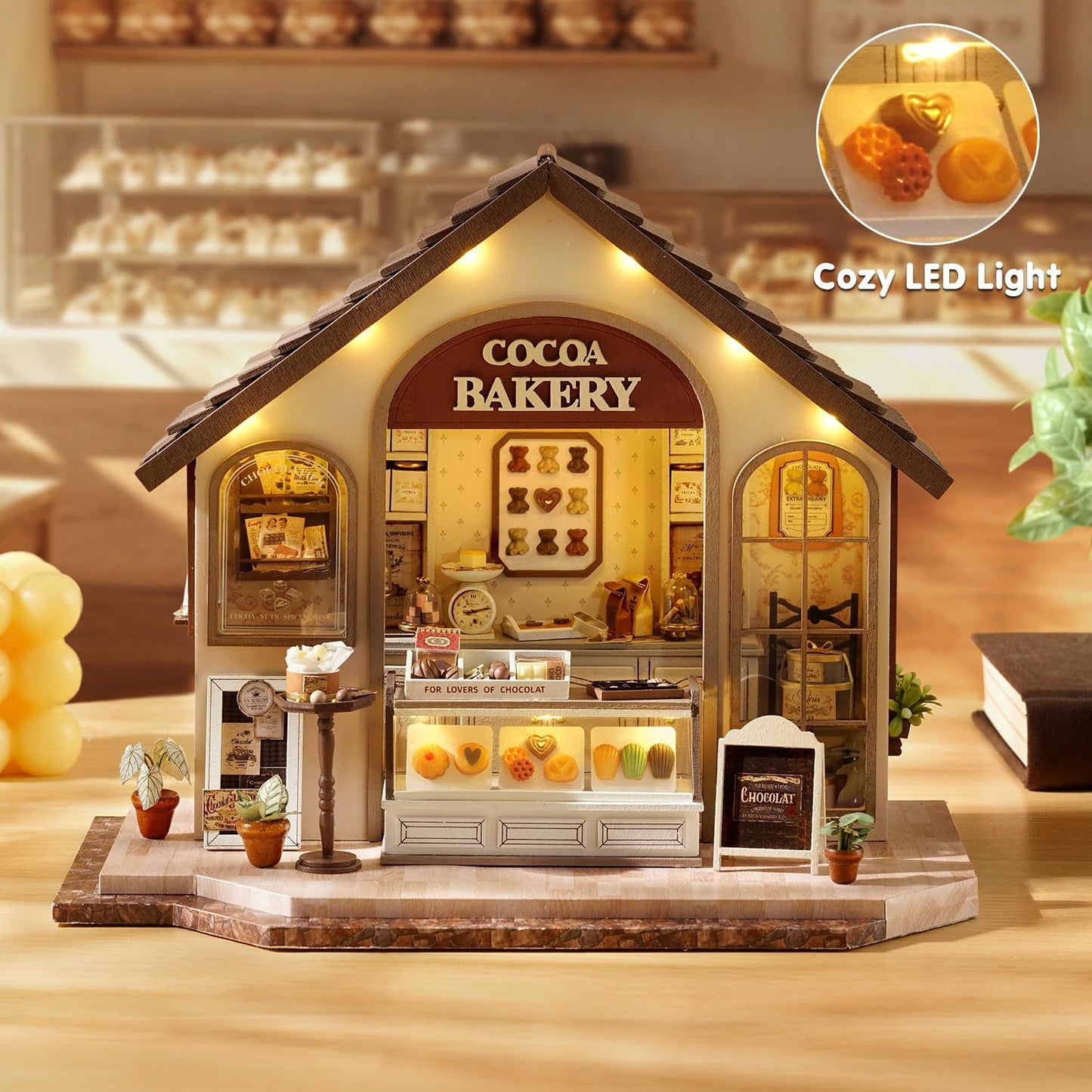 TuKIIE DIY Miniature House Kit with Furniture, 1:24 Scale Creative Room Mini Wooden Dollhouse Book Nook Plus Dust Proof & Music Movement for Kids Teens Adults(Leisurely Bakery)